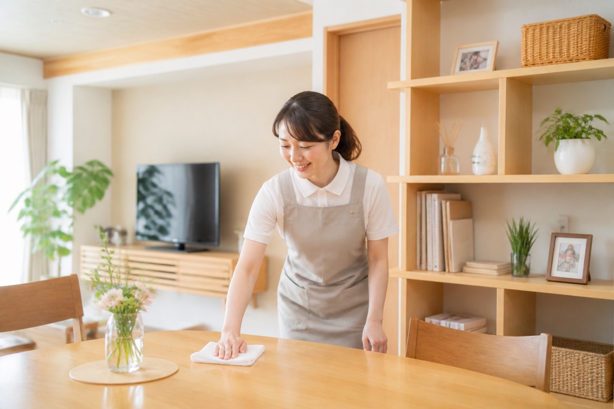 住まいを丁寧に掃除するスタッフ