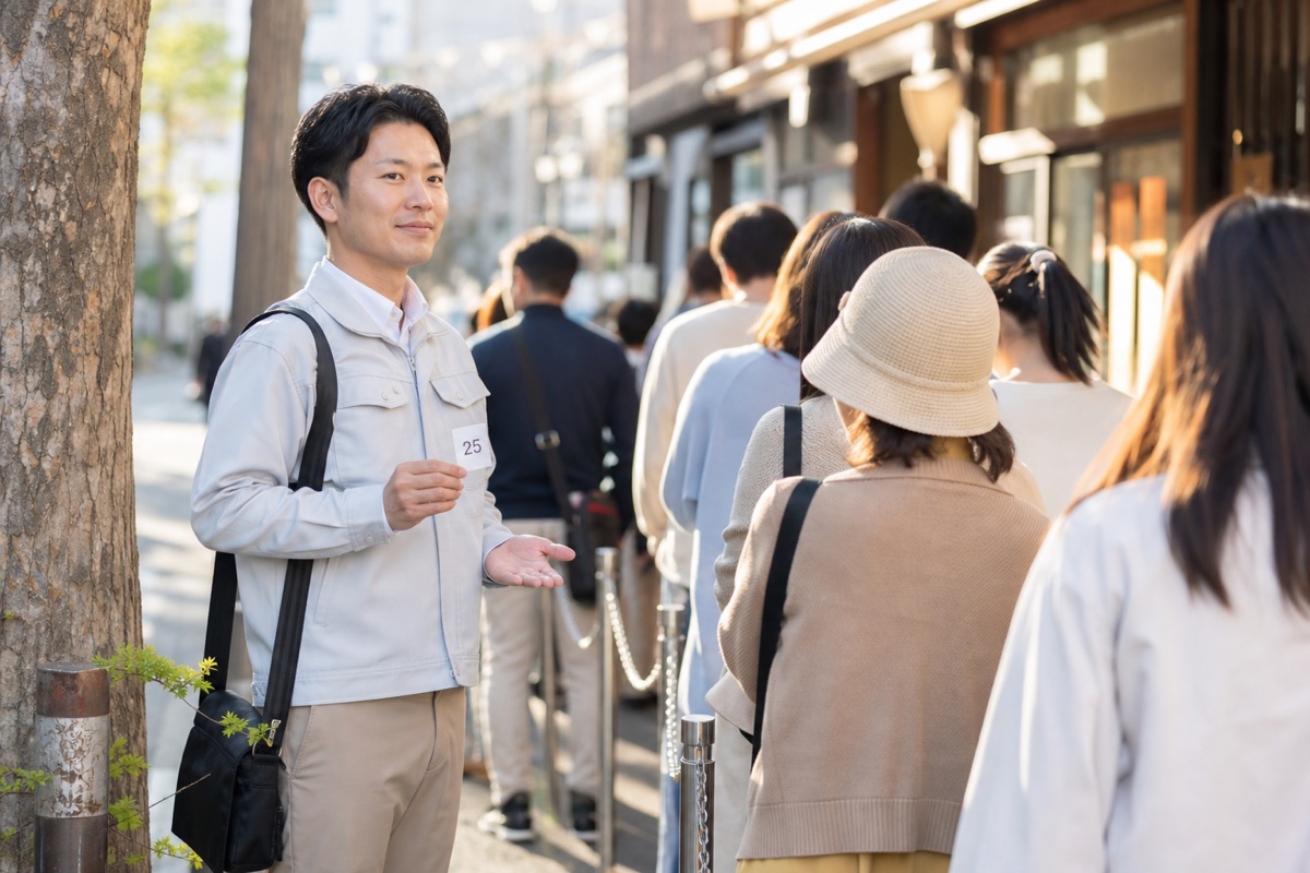 列に並んで場所取りをするスタッフ